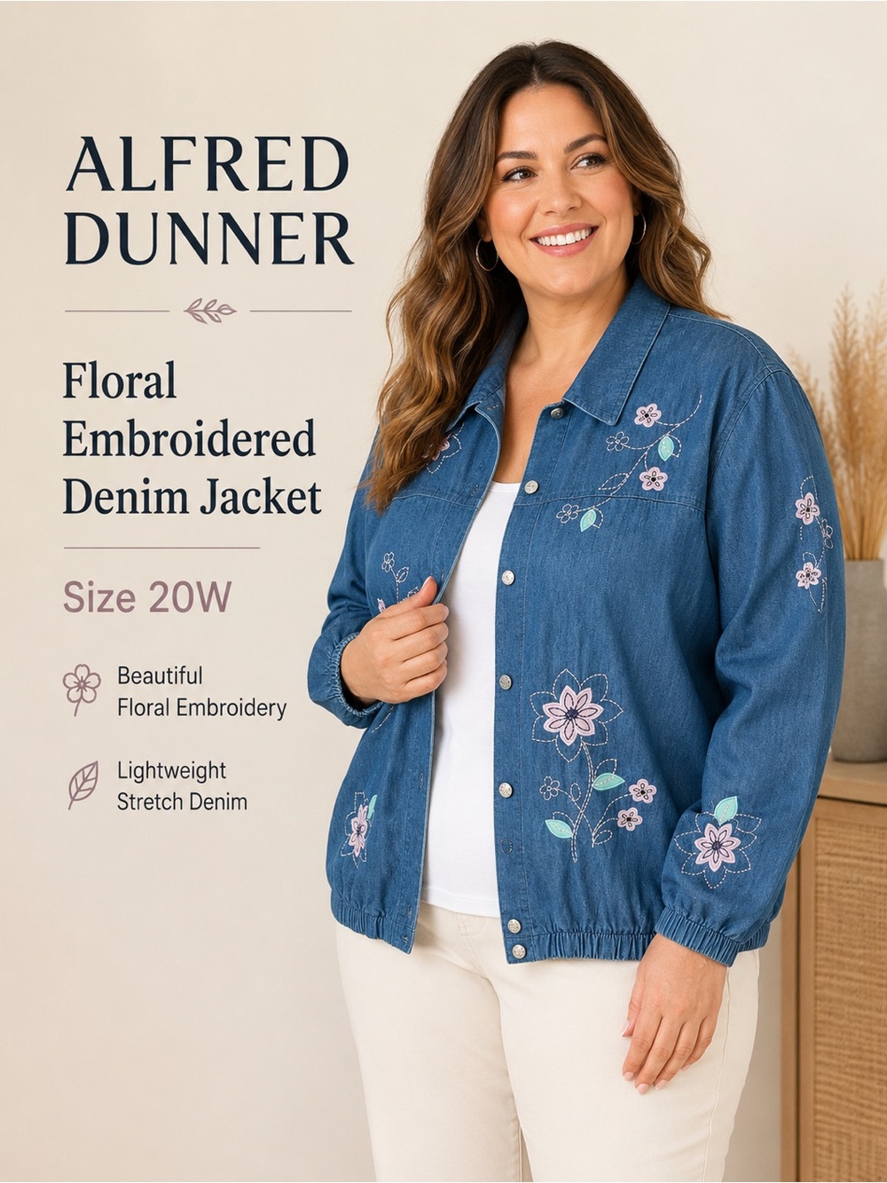Alfred Dunner Embroidered Blue Denim Jacket with Floral Detail‎